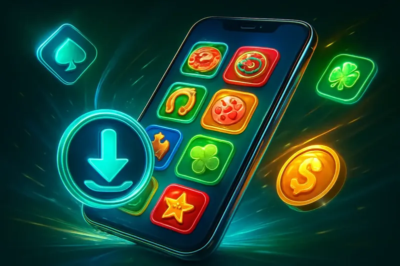 Premium Casino App Glossy smartphone casino app banner with neon download symbol and glowing tiles