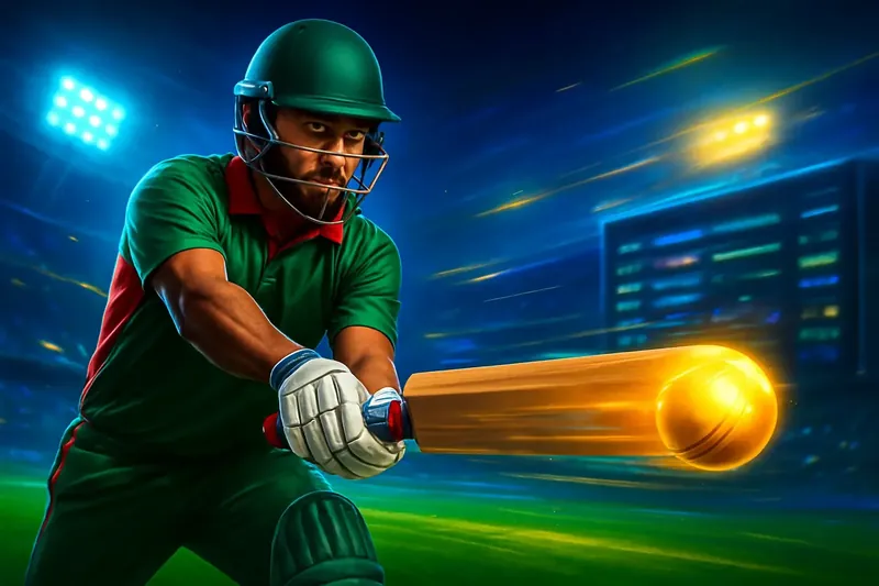 Cricket Sportsbook Action Cricket batter striking ball under stadium lights for sportsbook banner