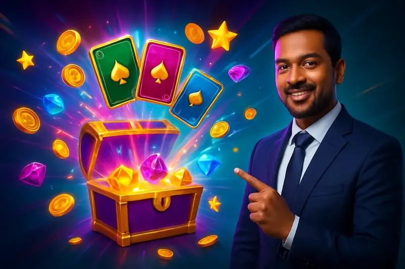 Reward Chest Burst Glowing reward chest with cards, coins, gems, and stars bursting outward