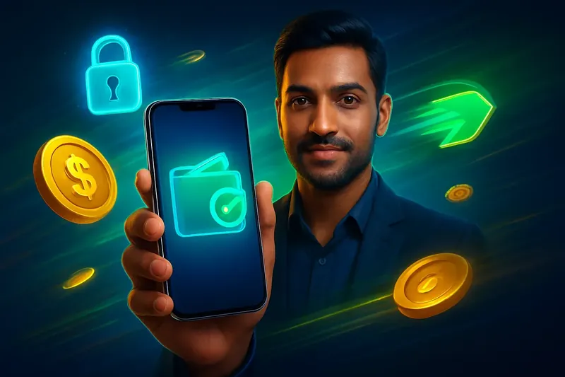 Hand holding smartphone with secure mobile wallet, coins, and speed light trails