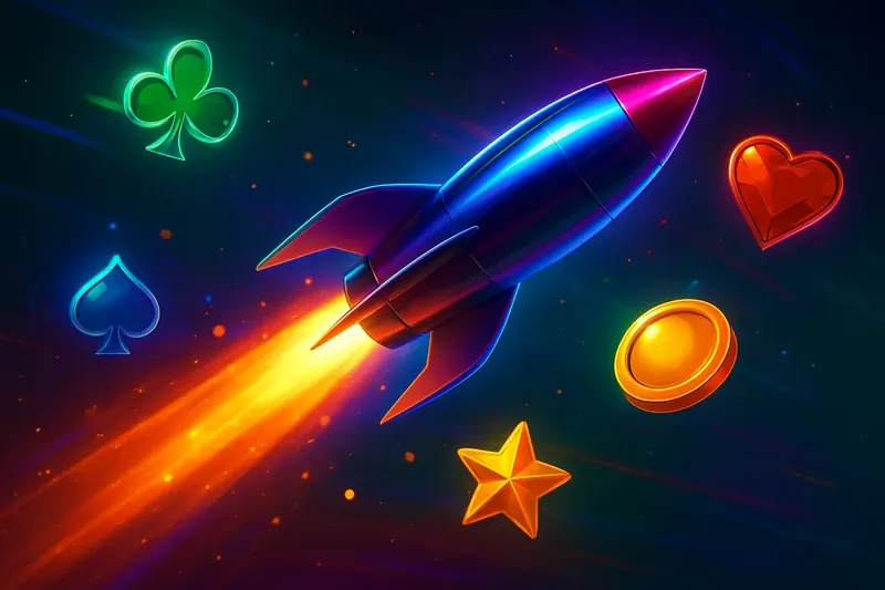 Glossy rocket launch casino banner with neon trail and game particles