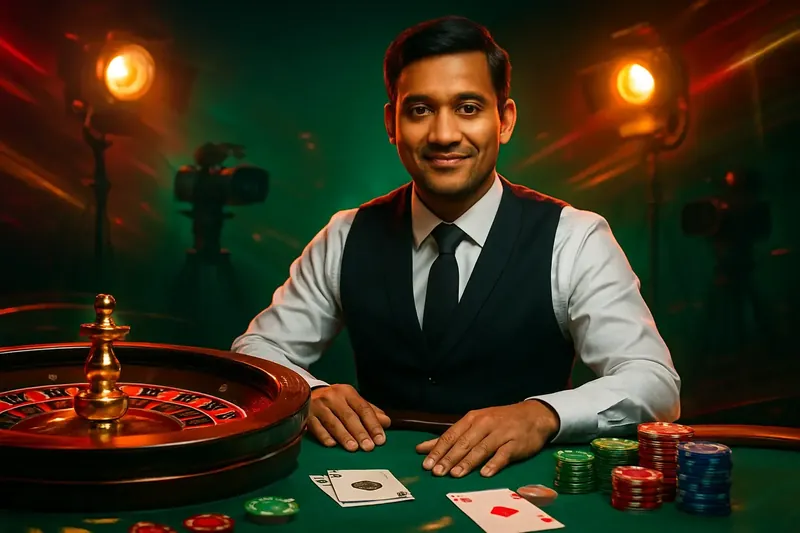 Professional live dealer at casino table with roulette, cards, chips, and studio lights