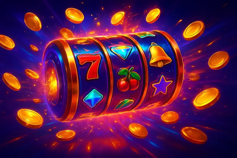 Colorful spinning slot machine reels with coins, sparkles, and neon glow